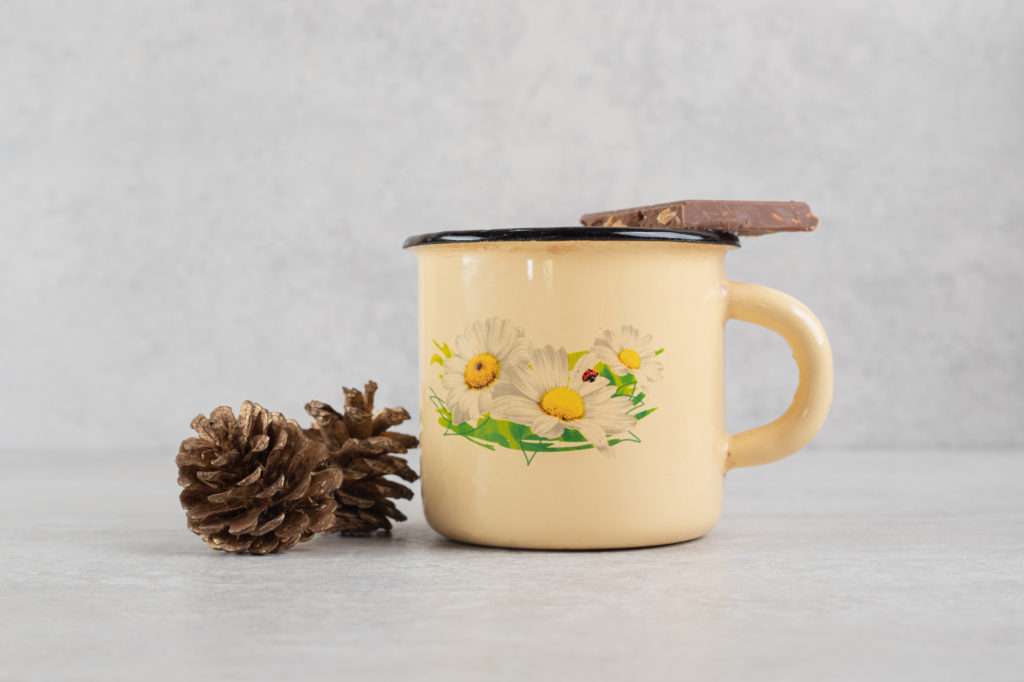 Cup of coffee with pinecones and chocolate bar. High quality photo